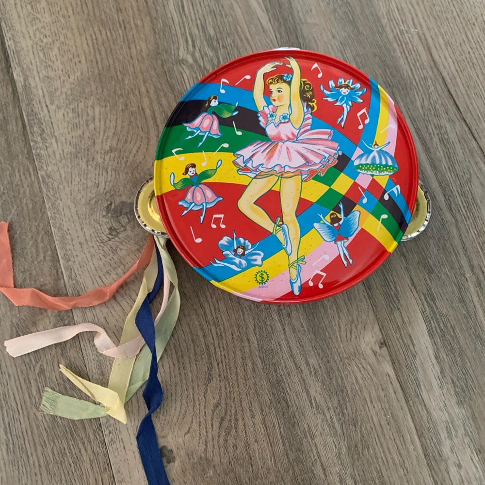 Vintage Metal Tambourine Ballerina with Ribbon Made in Japan Retro